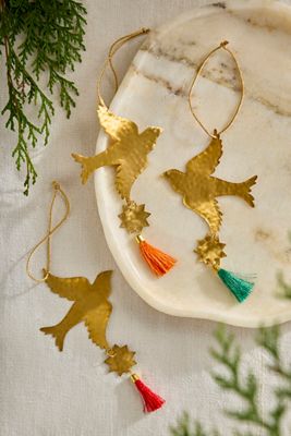 Tasseled Bird Brass Ornaments, Set of 3