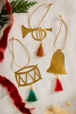 Tasseled Brass Instrument Ornaments, Set of 3