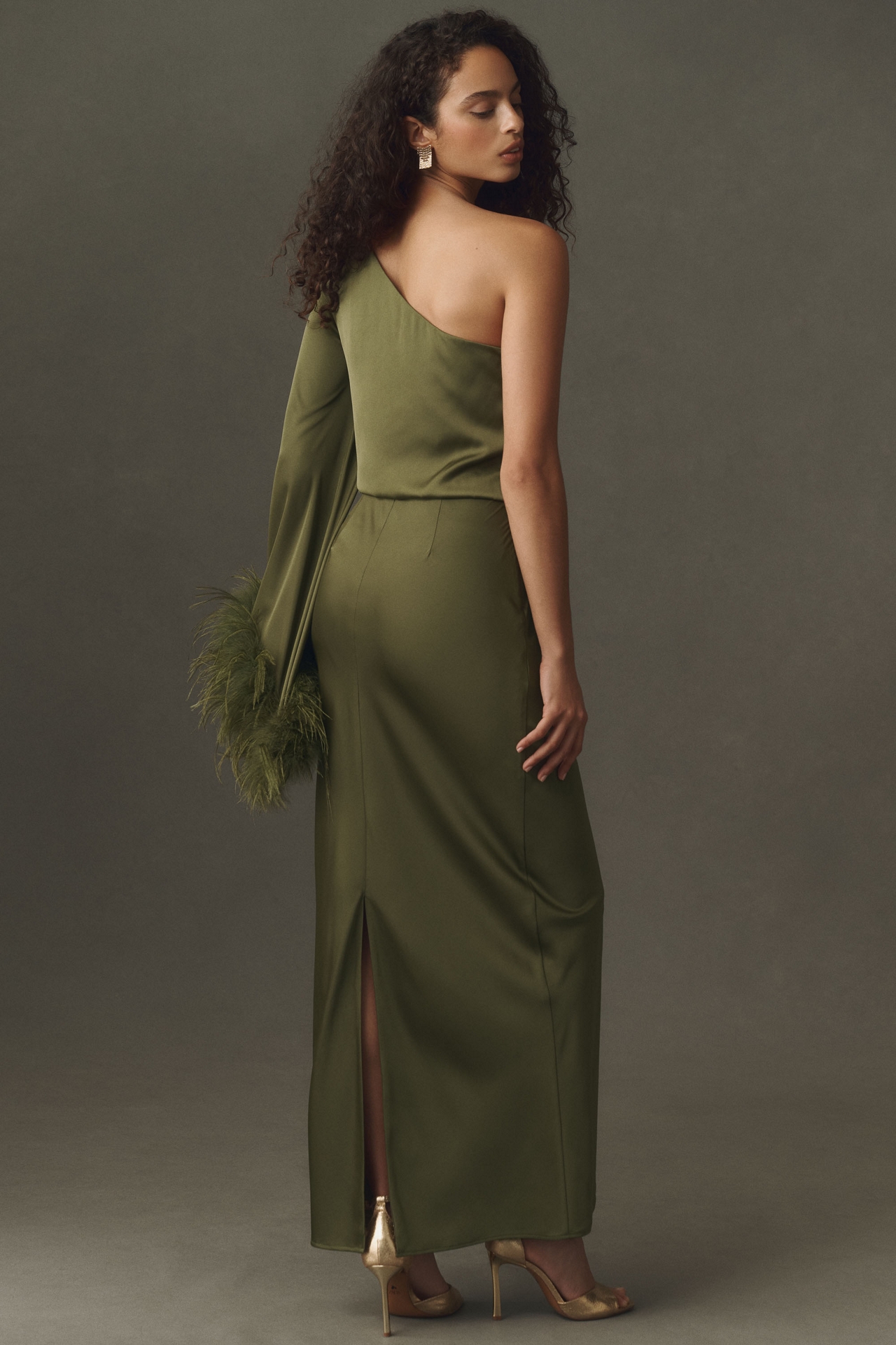 Hutch One-Shoulder Feather Maxi Dress