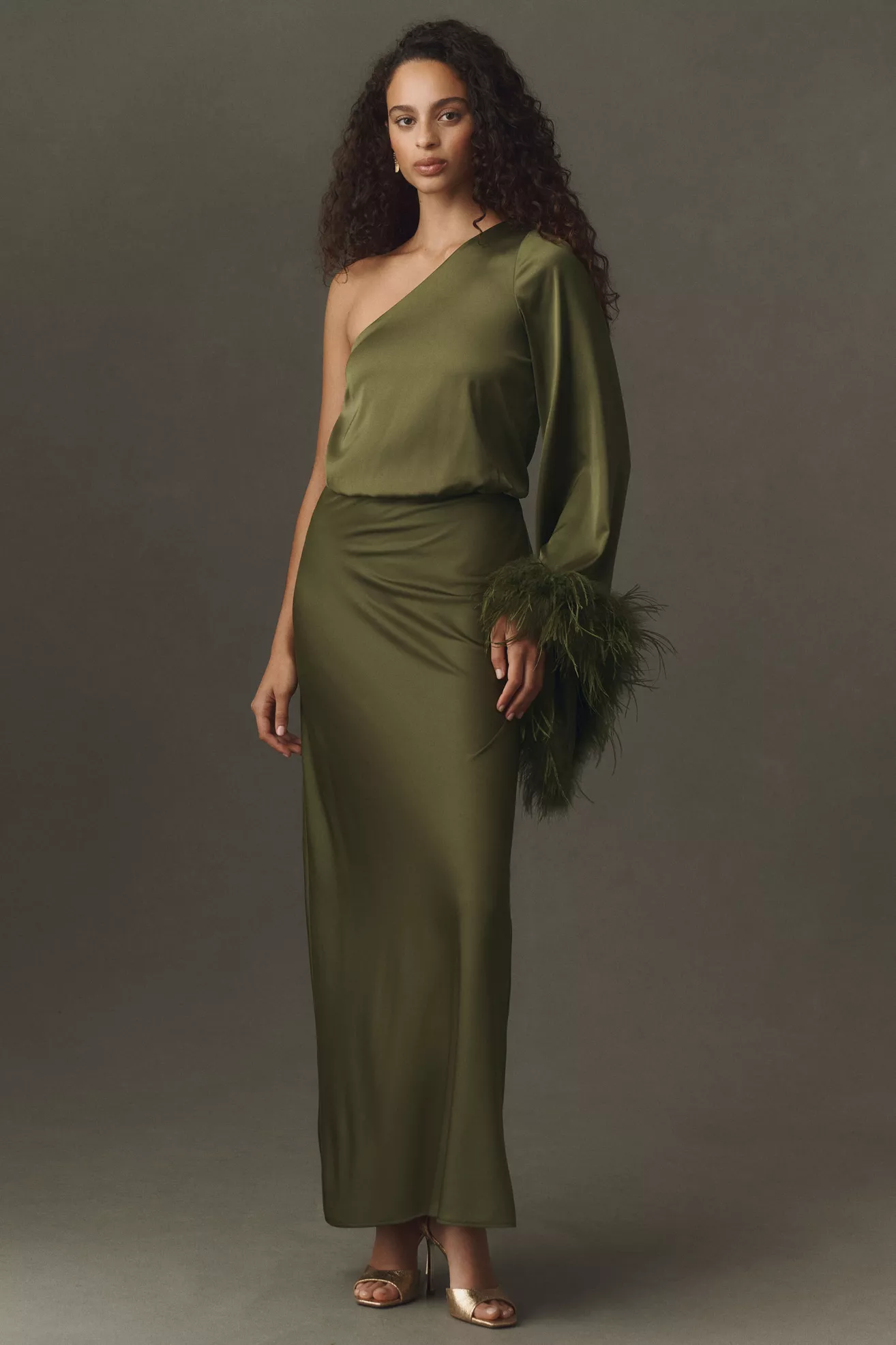 Hutch One-Shoulder Feather Maxi Dress