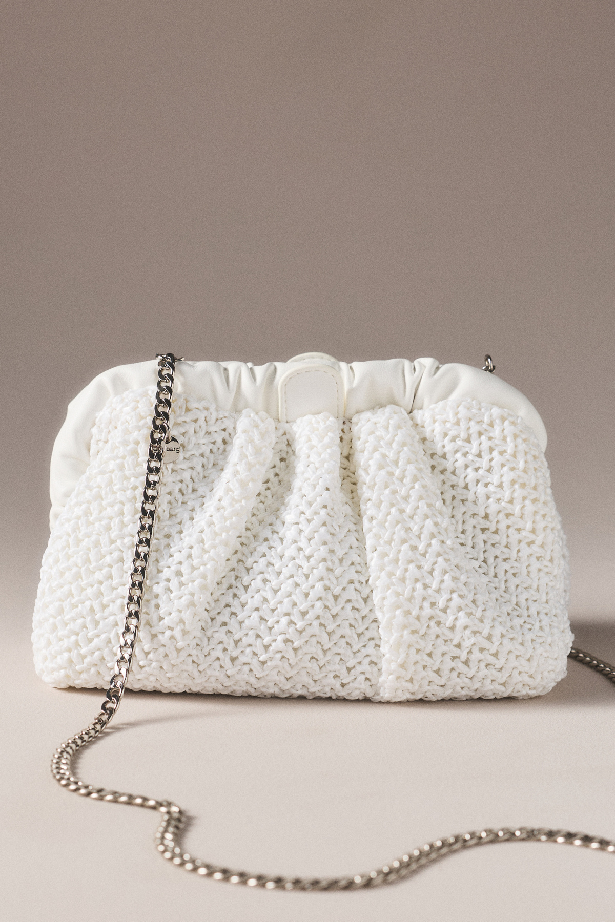 Olga Berg Amalia white raffia gathered clutch with kiss-lock