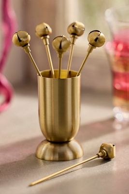 Terrain Jingle Bell Cocktail Picks, Set Of 6 In Gold