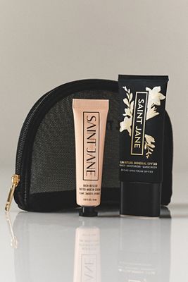 Saint Jane Sun Ritual Mineral SPF 30, Rich Rescue Phyto Mucin Cream, and Saint Jane Mesh Makeup Bag