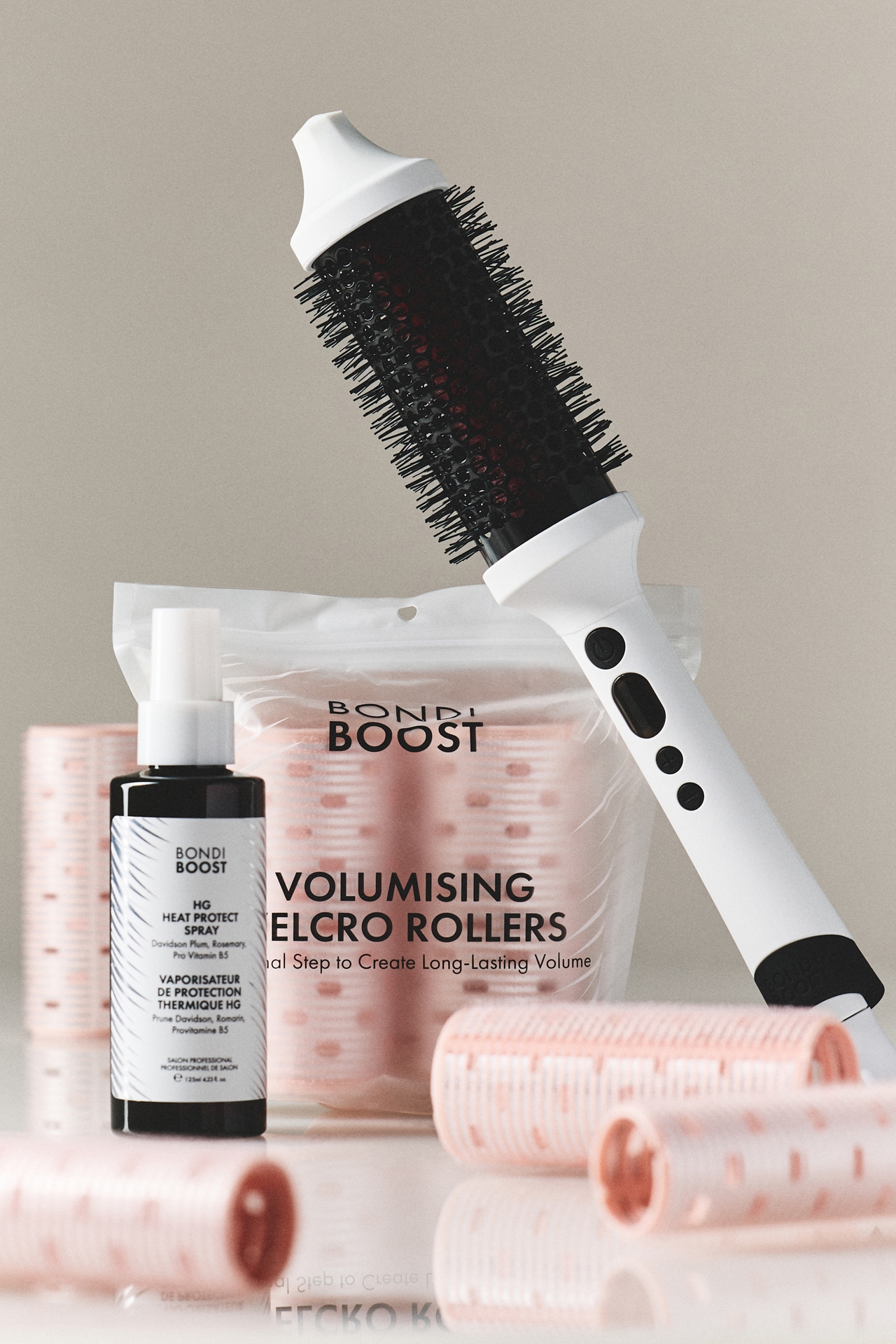 BondiBoost Infrared Brush OG, Heat Protect Spray, and Velcro Rollers