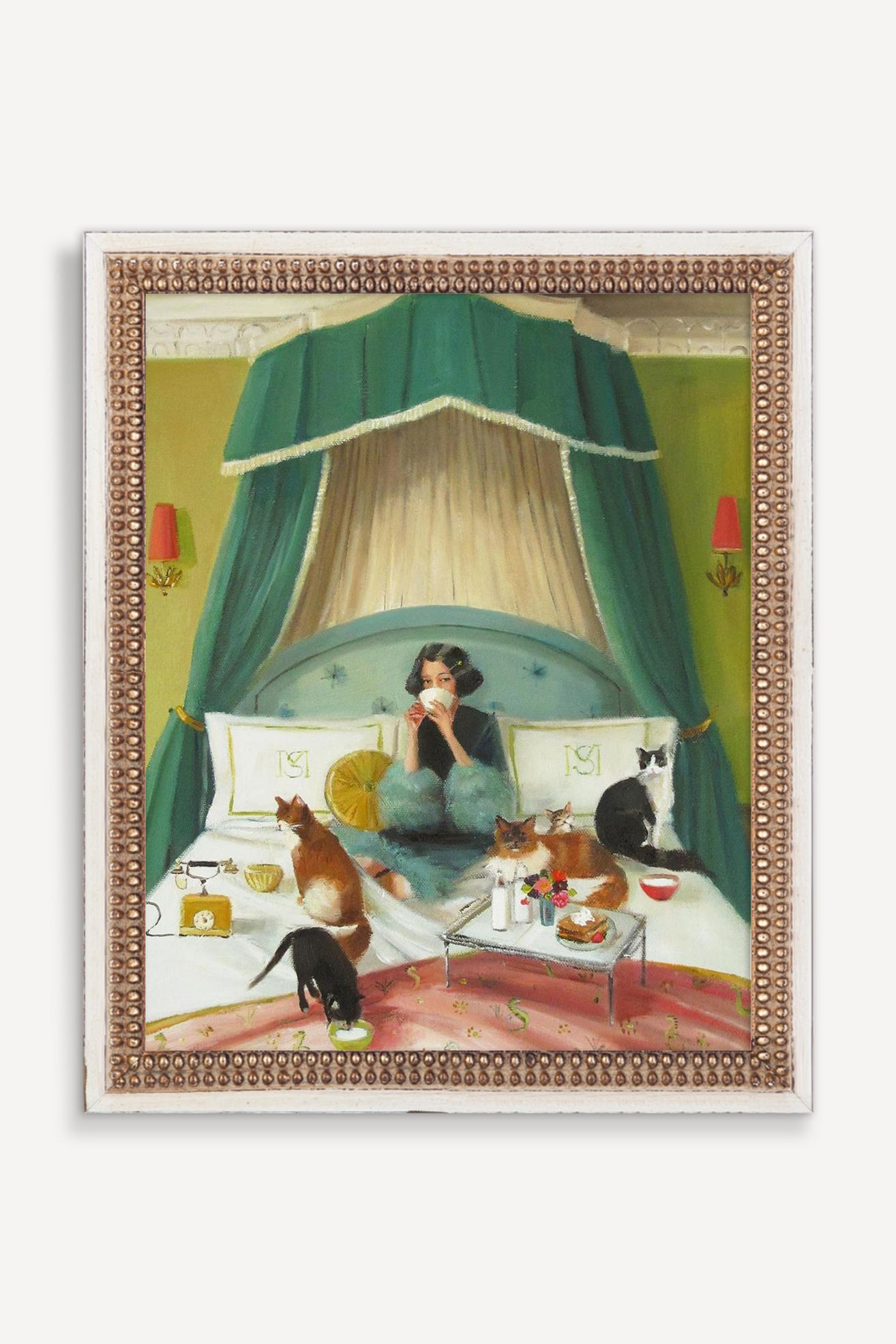 Mademoiselle Mink Breakfasts In Bed Wall Art - Green, One Size