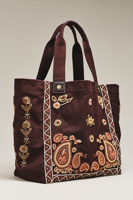 By Anthropologie Beaded 100% Cotton Canvas Tote Bag In Brown