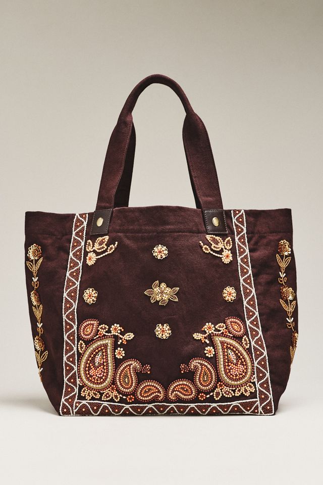 By Anthropologie Beaded 100% Cotton Canvas Tote Bag #1