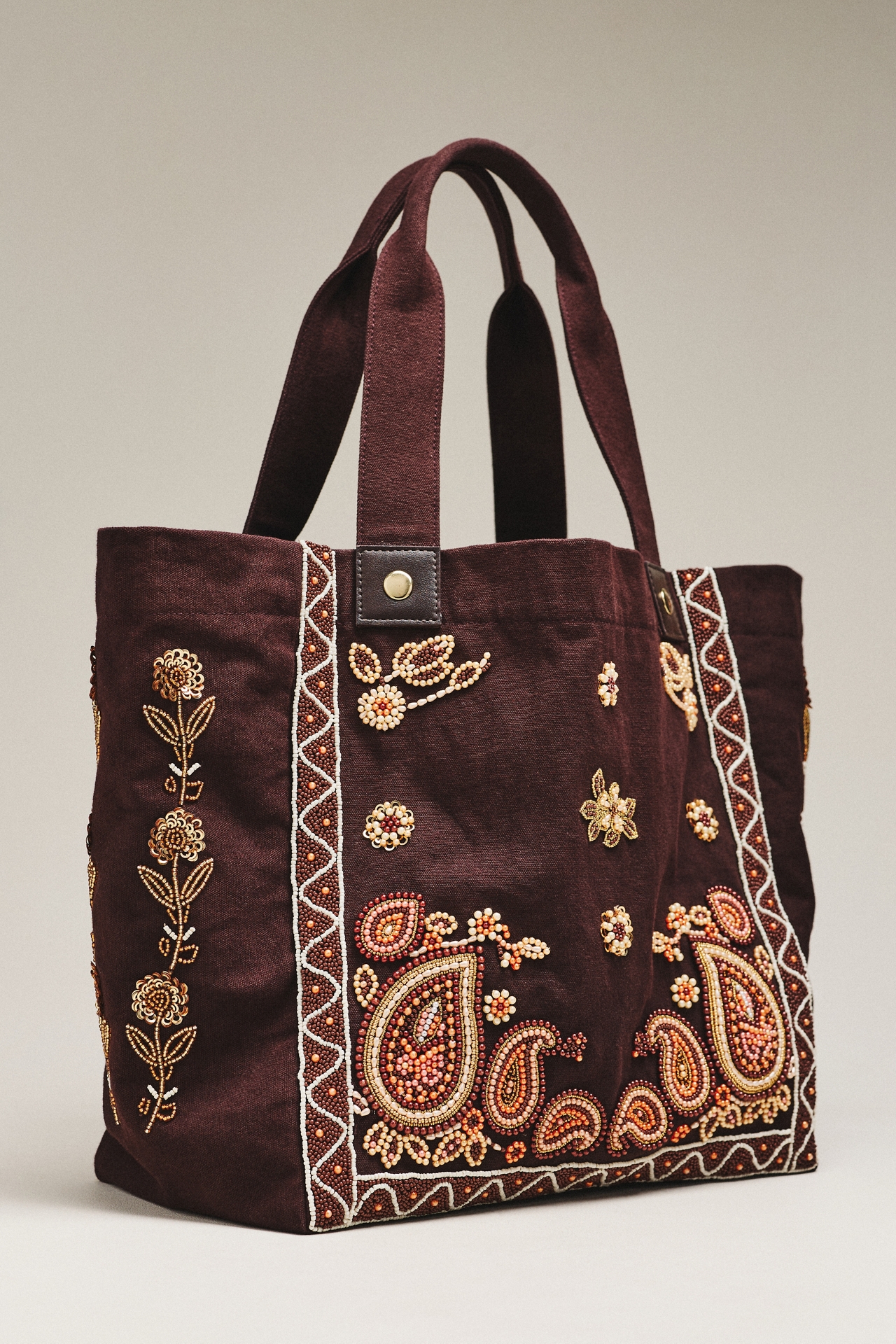 By Anthropologie Beaded 100% Cotton Canvas Tote Bag