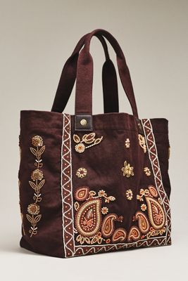 By Anthropologie Beaded 100% Cotton Canvas Tote Bag