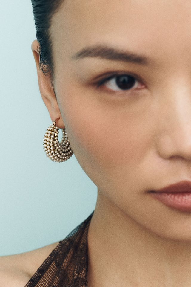 By Anthropologie Pavé Pearl Hoop Earrings #1