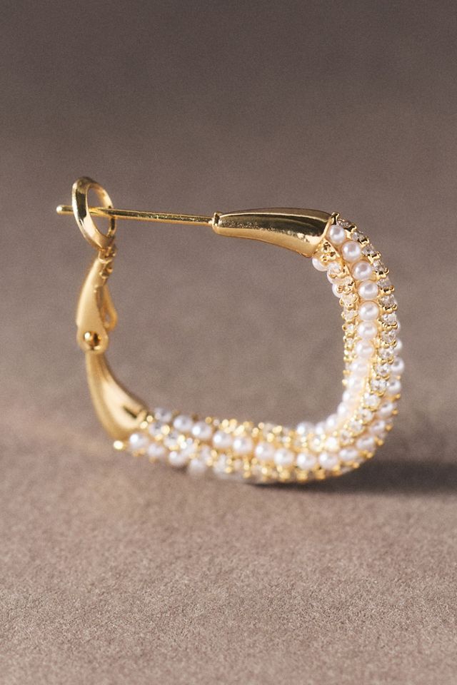 By Anthropologie Pearled Crystal Square Hoop Earrings #1