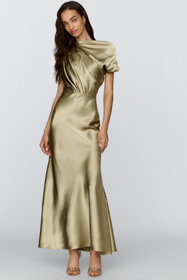 Mare Mare Asymmetrical Satin Maxi Dress In Green