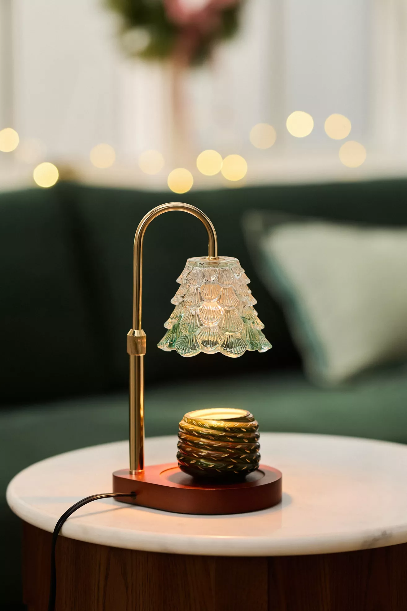 Figural Christmas Tree Glass Shade Candle Warmer Lamp