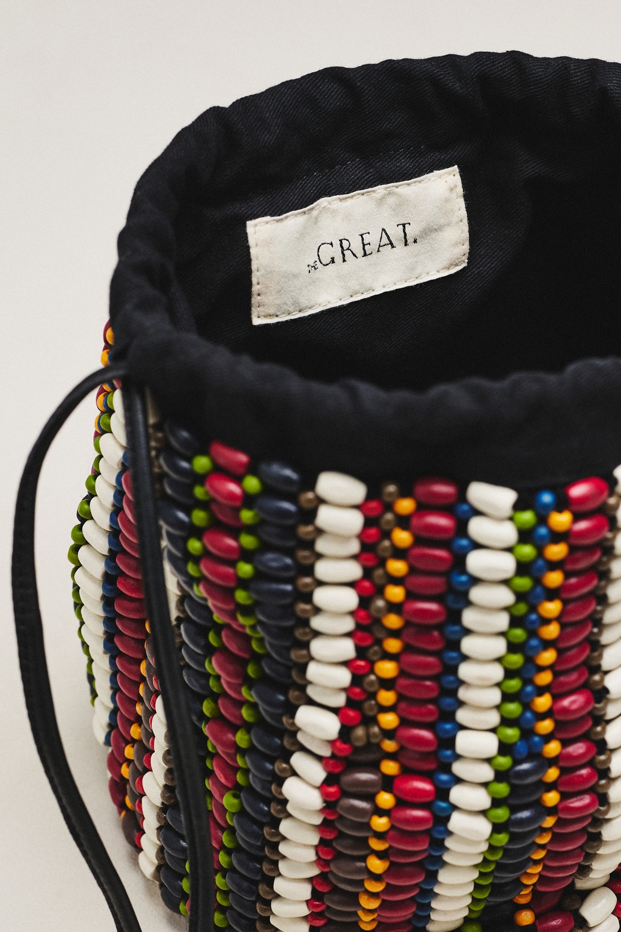 THE GREAT. Beaded Cinched Bucket Bag