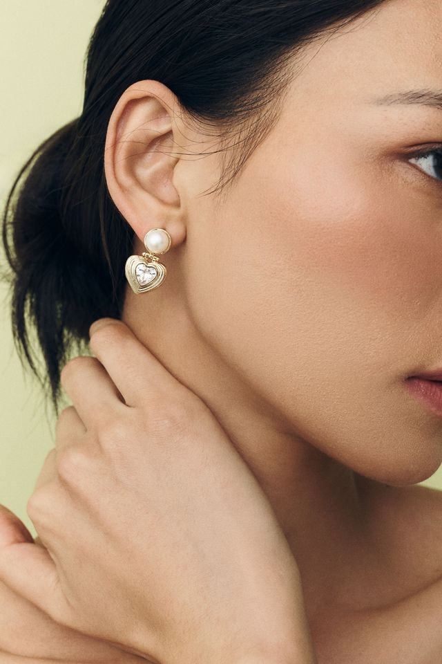 By Anthropologie Pearl Heart Drop Earrings #1