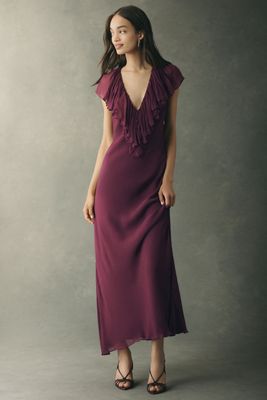 Geisha Deep-V Ruffle Maxi Dress