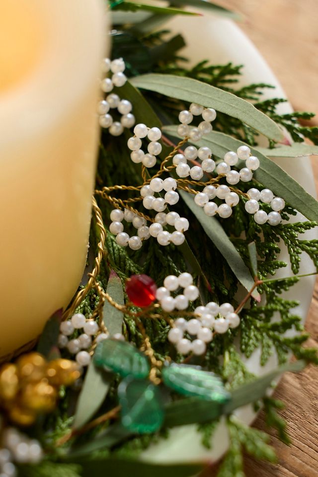Pearl Blossoms + Bells Pillar Candle Wreath #1