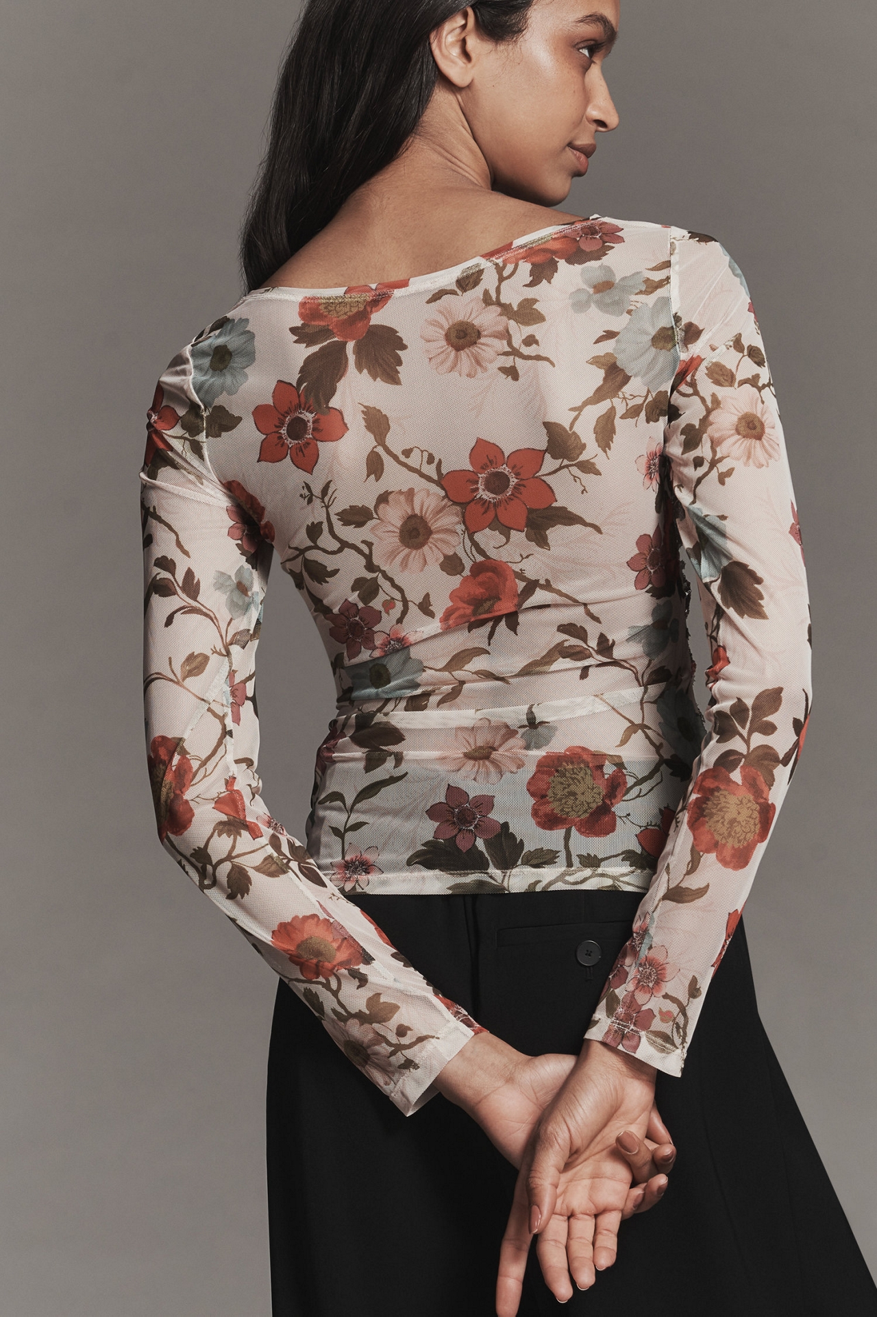 Maeve Printed Mesh Long-Sleeve Top