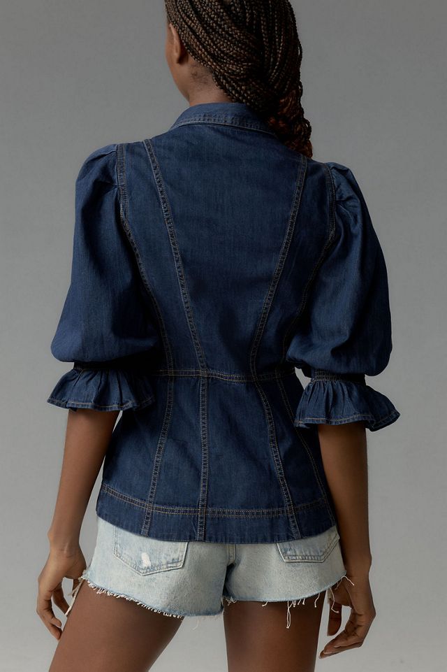 Puff-Sleeve Denim Buttondown Shirt #1