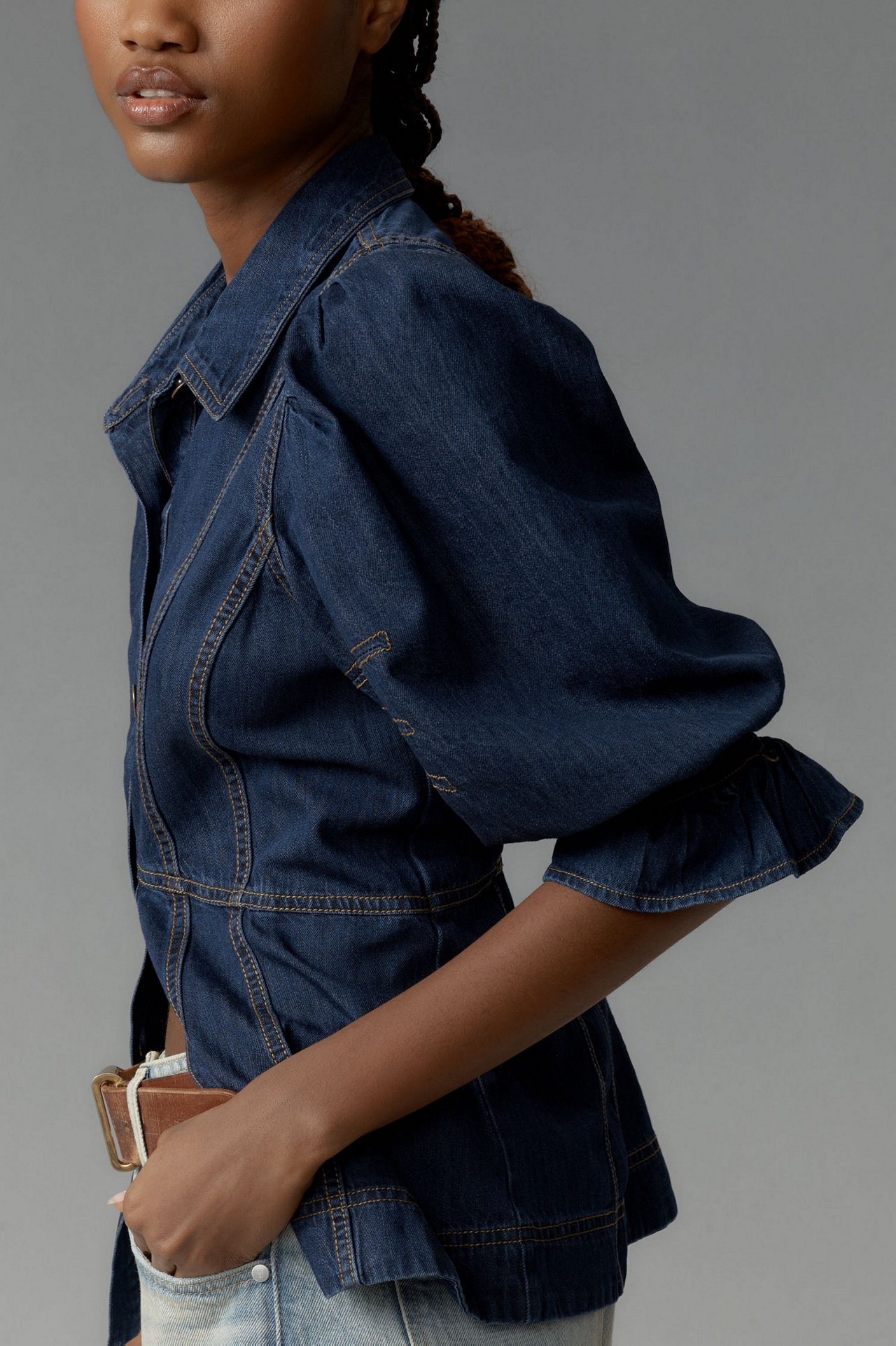 Puff-Sleeve Denim Buttondown Shirt