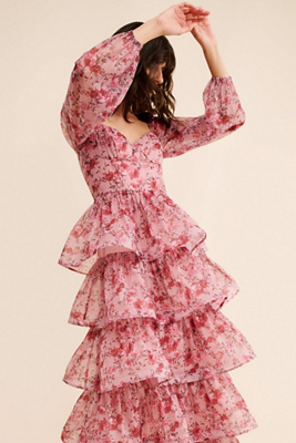 hydrangea floral maxi dress Beatrice Bat Wing Sleeve Satin Hydrangea Dress