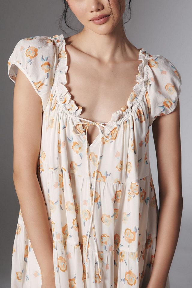 anthropologie short sleeve dress Porridge Short-Sleeve Crew-Neck Linen Printed Mini Dress