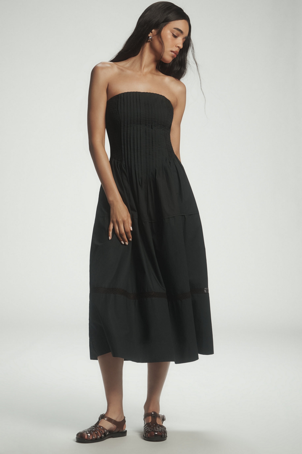 Cotton Poplin Strapless Midi Dress