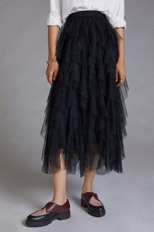 Tesia Ruffled Tulle Midi Skirt | Anthropologie