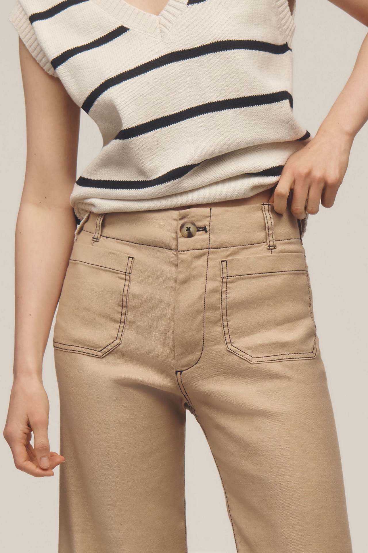 Maeve The Colette Cropped Wide-Leg Pants: Contrast-Stitch Linen Edition