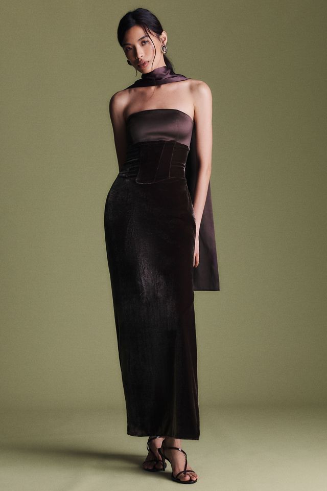 BHLDN Satin Velvet Strapless Midi Dress #1