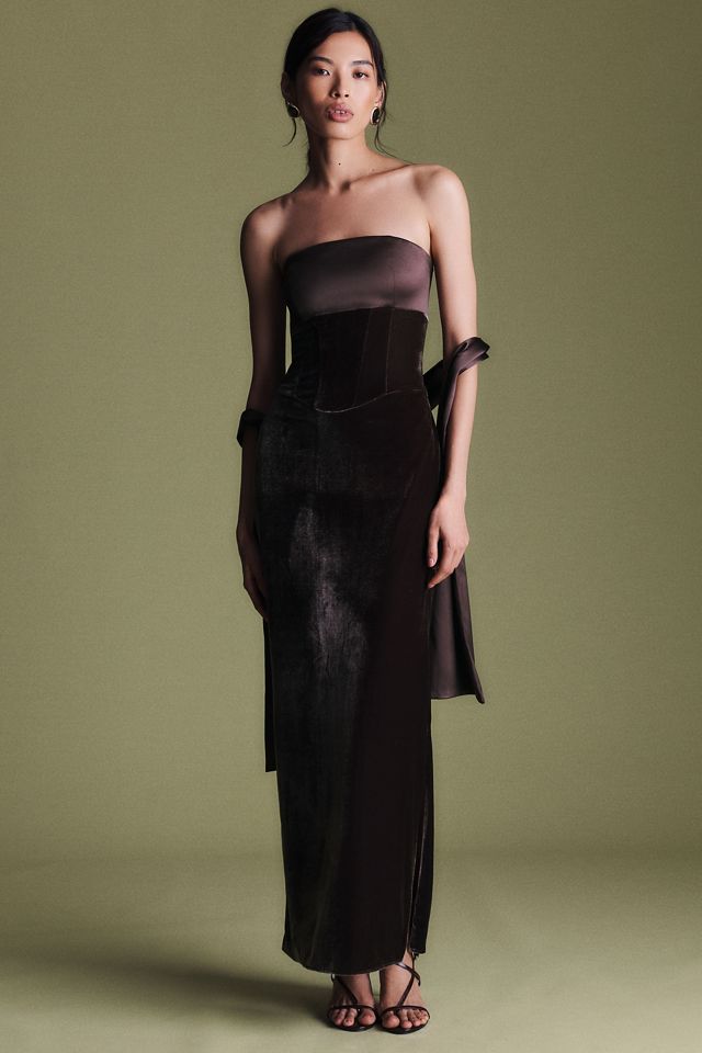BHLDN Satin Velvet Strapless Midi Dress #4