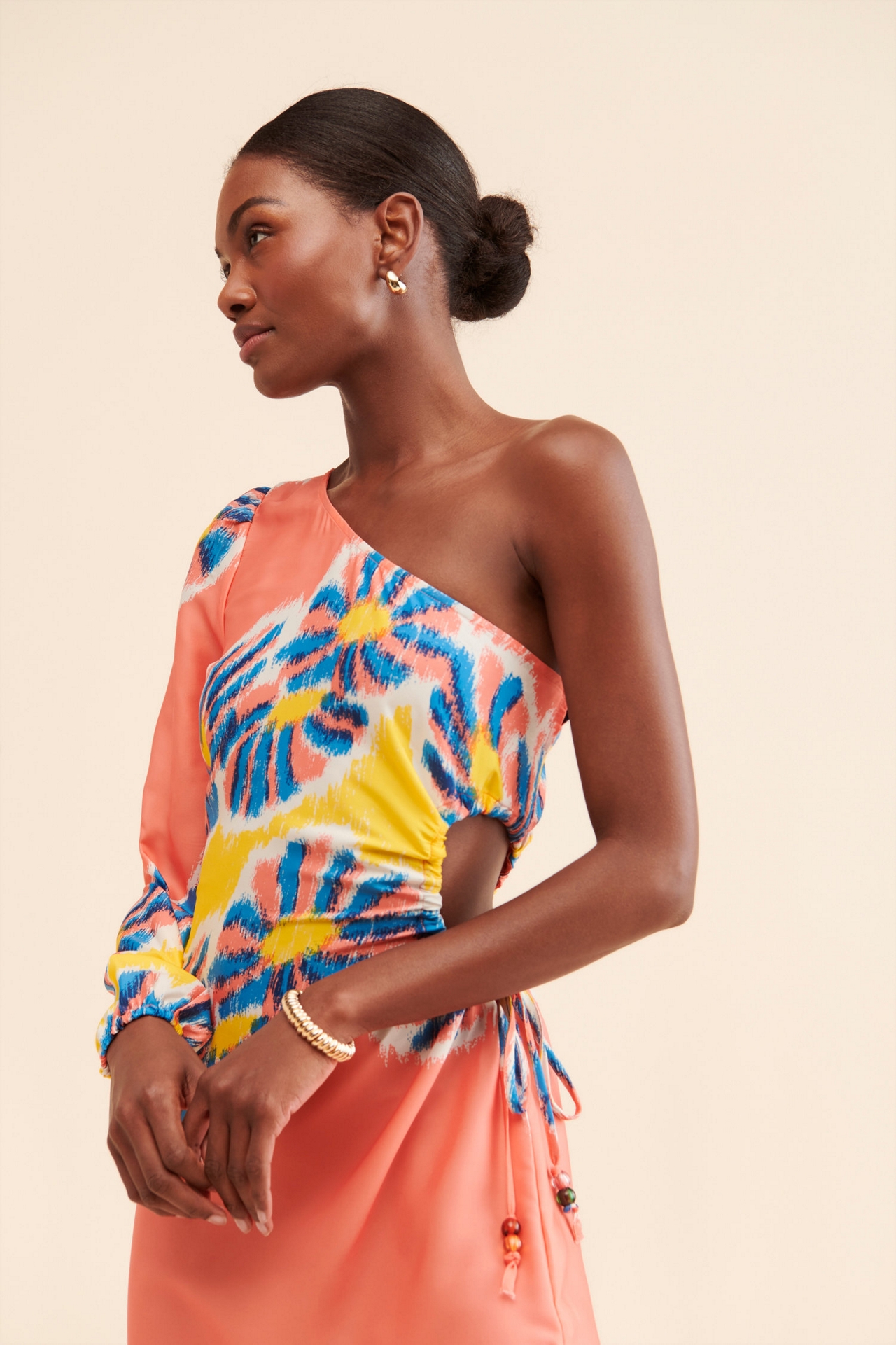 One-Shoulder Printed Midi Dress