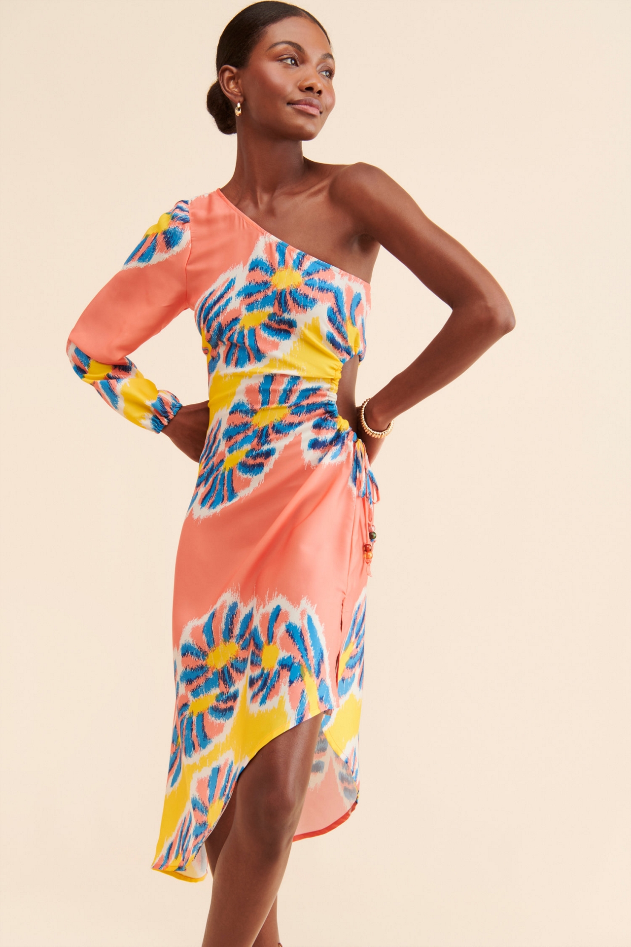 One-Shoulder Printed Midi Dress