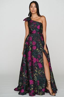 Mac Duggal One-Shoulder Brocade Floral Gown