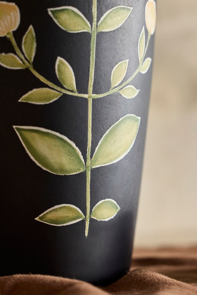 Hand-Painted Black Floral Terracotta Vase #1