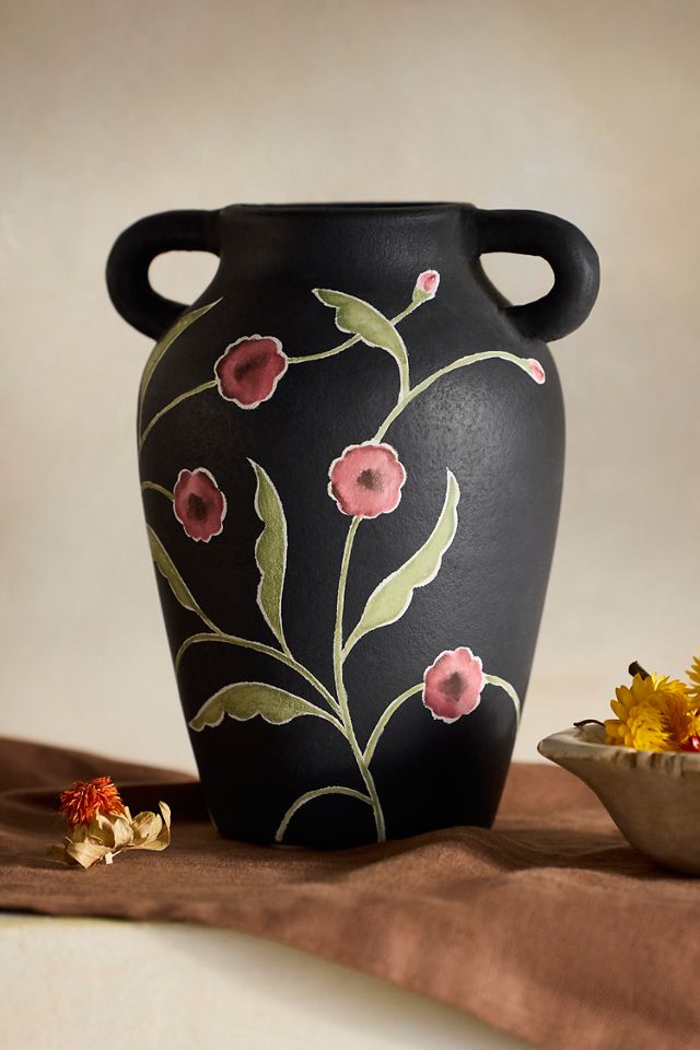 Hand-Painted Black Floral Terracotta Vase #2