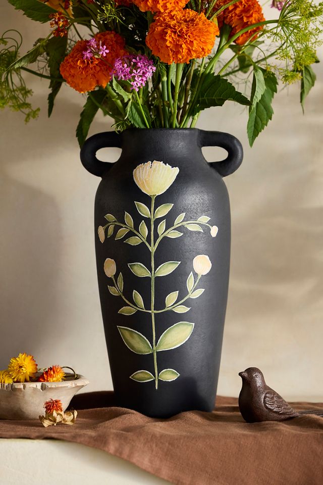 Hand-Painted Black Floral Terracotta Vase #3