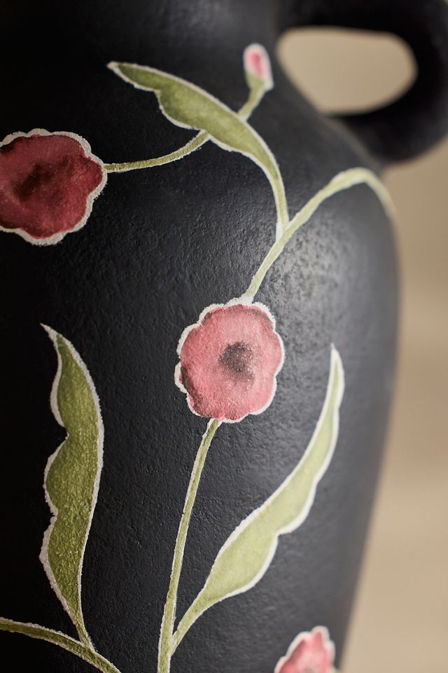 Hand-Painted Black Floral Terracotta Vase #4