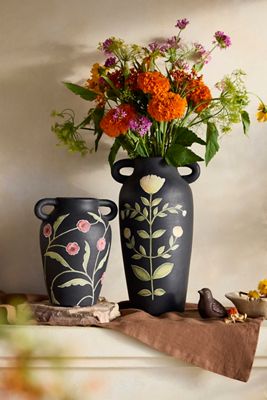 Hand-Painted Black Floral Terracotta Vase