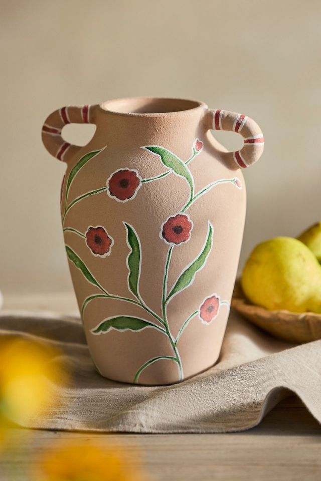 Hand-Painted Floral Terracotta Vase #2