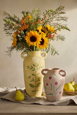 Hand-Painted Floral Terracotta Vase