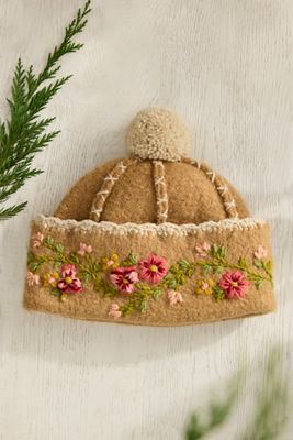 Floral Embroidered Bobble Hat