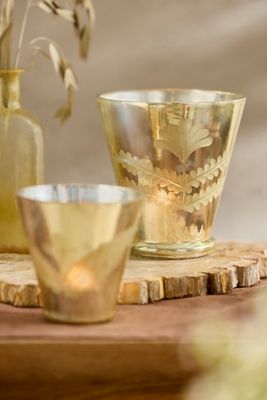 Gold Floral Cut Glass Candle Holders, Set of 2