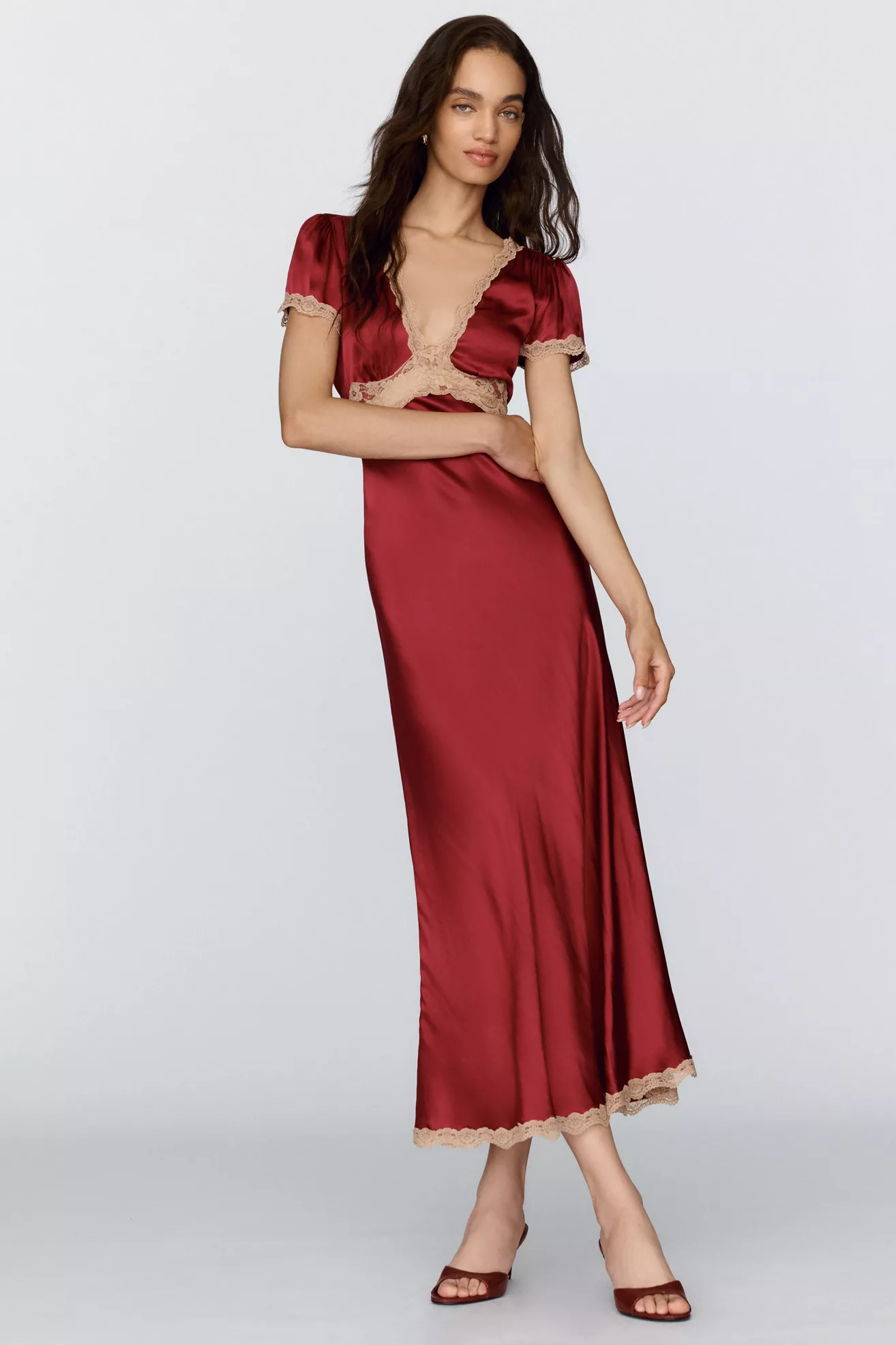 BHLDN Satin Lace Trim Midi Dress