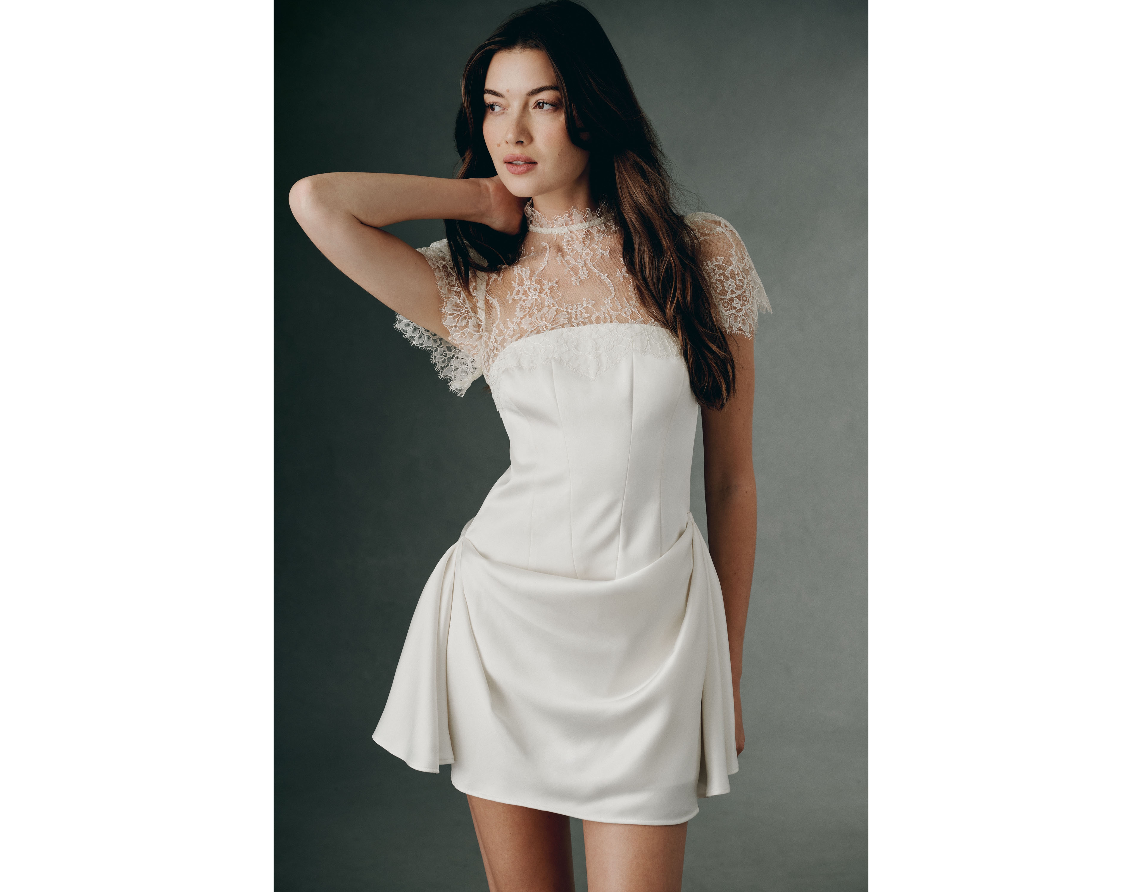 BHLDN Satin Lace Mock Neck Mini Dress
