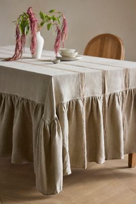 Ruffle Hem Striped Linen Tablecloth