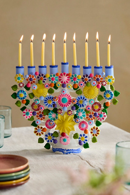 Oaxacan Clay Floral Painted Hanukkah Menorah | Terrain