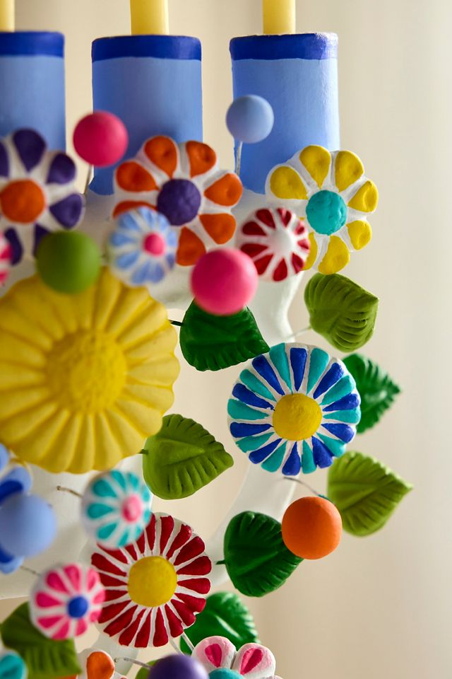 Oaxacan Clay Floral Painted Hanukkah Menorah #1