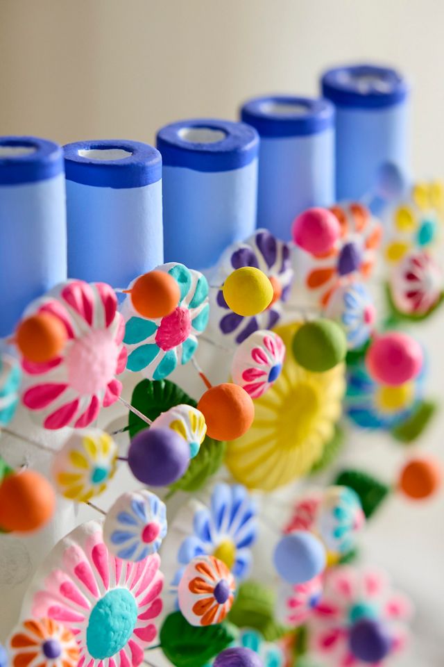 Oaxacan Clay Floral Painted Hanukkah Menorah #2