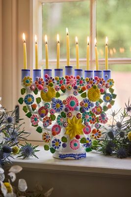 Oaxacan Clay Floral Painted Hanukkah Menorah